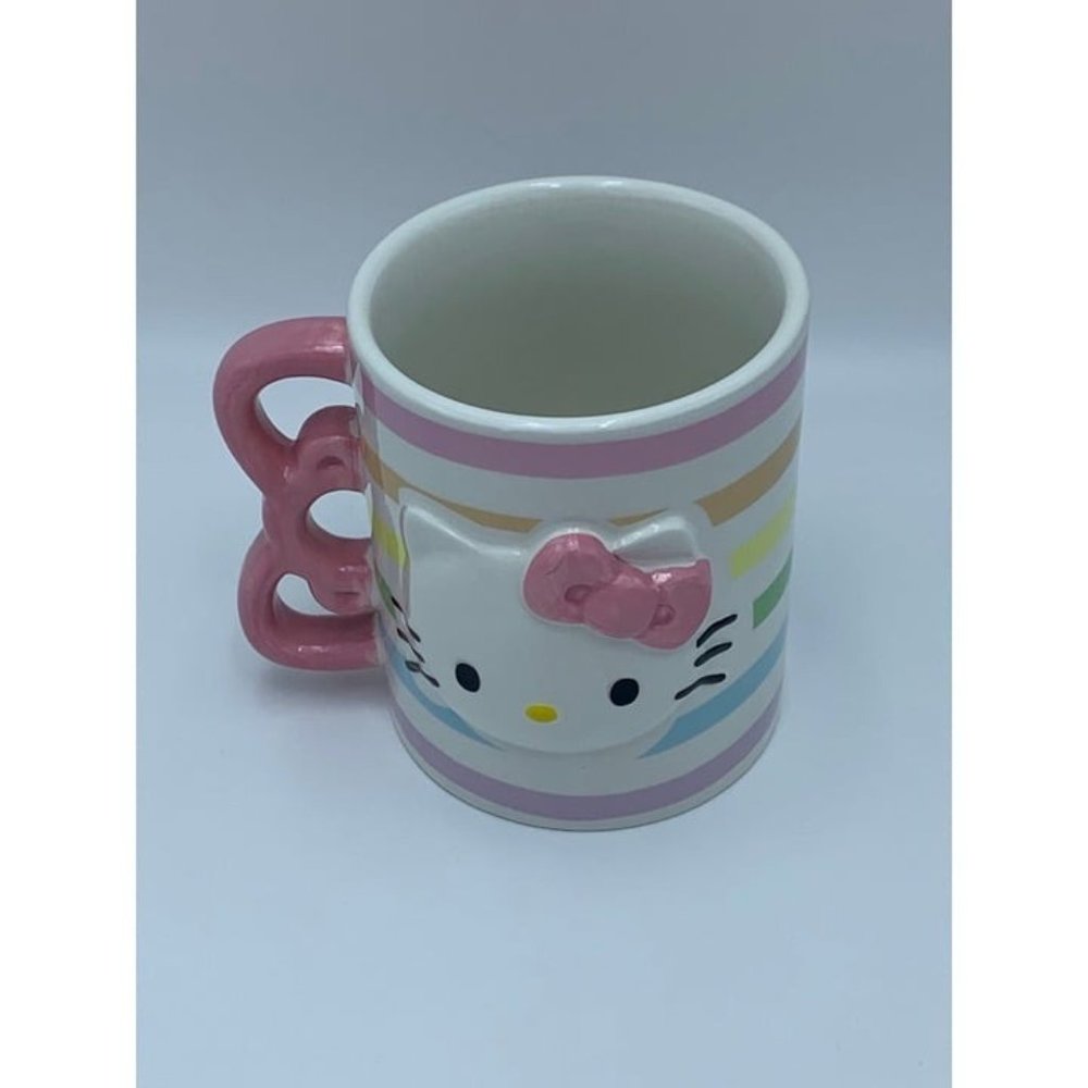 Sanrio Hello Kitty 3D Sculpted Striped Ceramic Mug with bow handle Set of 2 Mugs - Picture 4 of 10